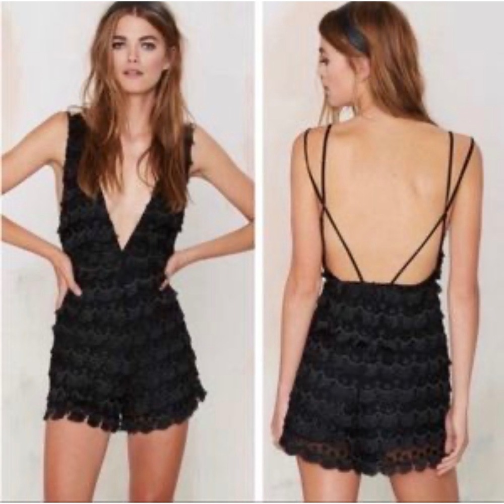 Nasty Gal Black Fringe Tassel Deep V-Neck Romper Small Sleeveless Boho Festival